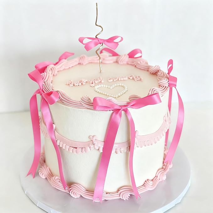 12 PCS Pink Bow Cake Topper Coquette Ribbons Bows Cake Decorations Pink Bowknot Birthday Cake Toppers Baby Bridal Shower Wedding Party Supplies