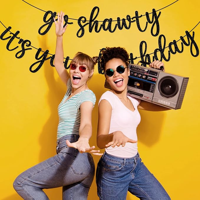 Go Shawty It's Your Birthday Banner, Hip Hop Birthday Party Decorations Supplies, Rap Theme Bday Bunting Sign, Pre-strung, Photo Props (Black)