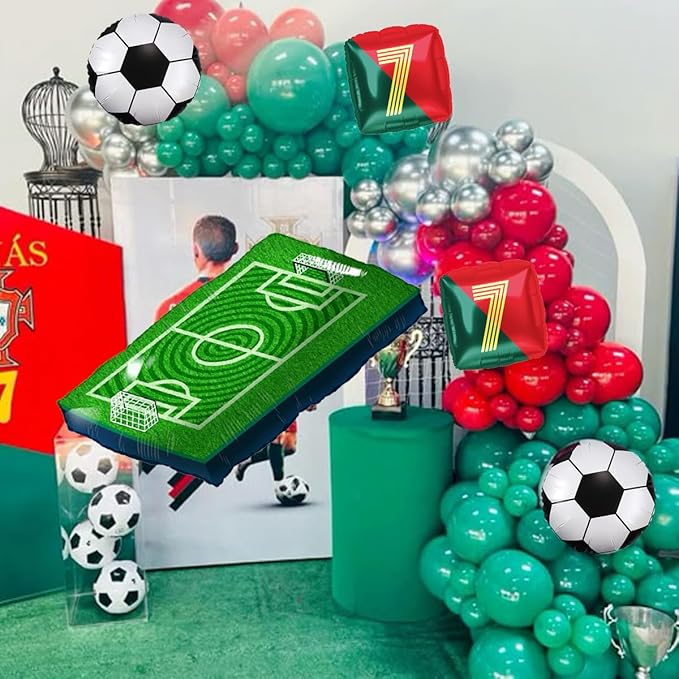Number 7 Soccer Star Balloon Set - 4 Red and Green National Team Jersey Balloons 1 Football Field Balloon | Perfect for Soccer Birthday Party Decorations | Legendary Football Fans Party Supplies