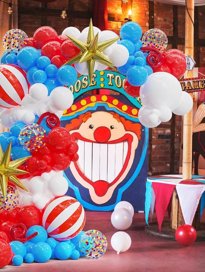 Carnival Decorations Circus Theme Party Decorations, 139PCS Carnival Balloons Arch Garland with 4D Red White Stripe Explosive Star Confetti Balloons for Birthday Carnival Theme Party Decorations