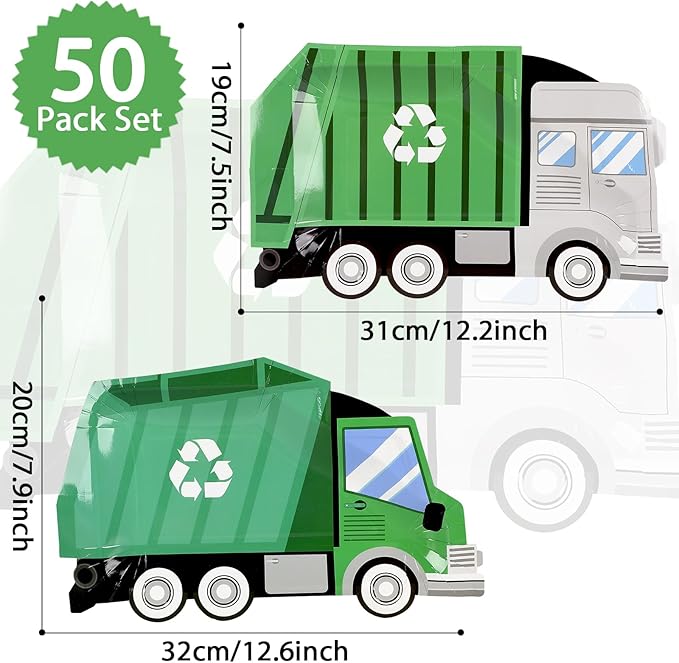 50 Pcs Garbage Trash Truck Birthday Decorations Trash Truck Shaped Disposable Plates Garbage Party Paper Dessert Plates for Waste Management Recycling Decor Birthday Baby Shower Party Supplies Favors