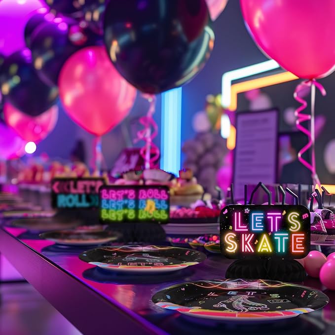 Roller Skating Party Centerpiece Set - Skating Honeycomb Birthday Decorations and Roller Skating Table Toppers for Kids' Skating-Themed Birthday and Baby Shower Table Decor