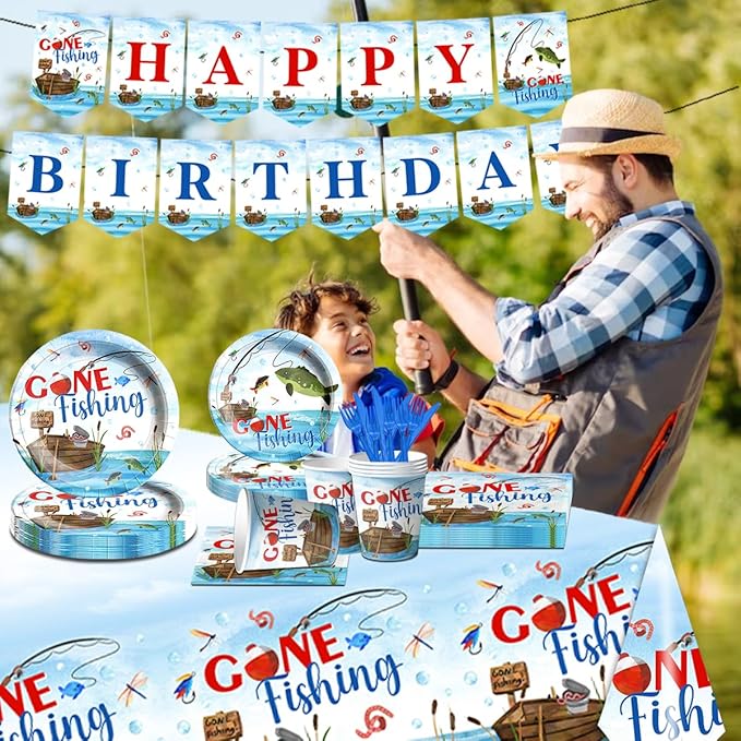 142 Pcs Gone Fishing Tableware,Fishing Birthday Party Decoration Little Fisherman Gone Fishing Themed Disposable Tablecloth,Plates,Napkins Cups Forks and Knives Supplies of Fishing Birthday Party