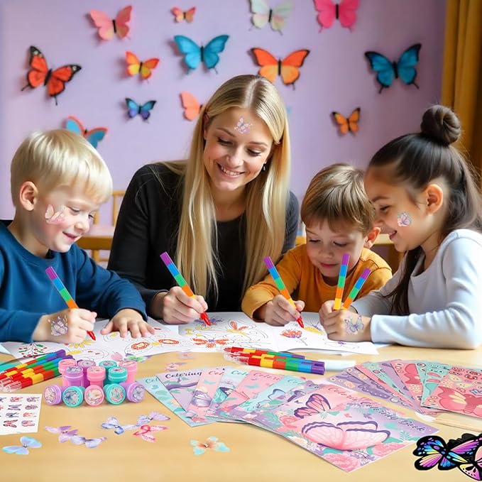 BenLouis 96Pcs Butterfly Party Favors Butterfly Fairy Coloring Books Crayon Stickers Set Bulk for Kids Butterfly Birthday Decor Spring Flower Tea Goodie Bag Stuffers Classroom Gifts Pinata Filler