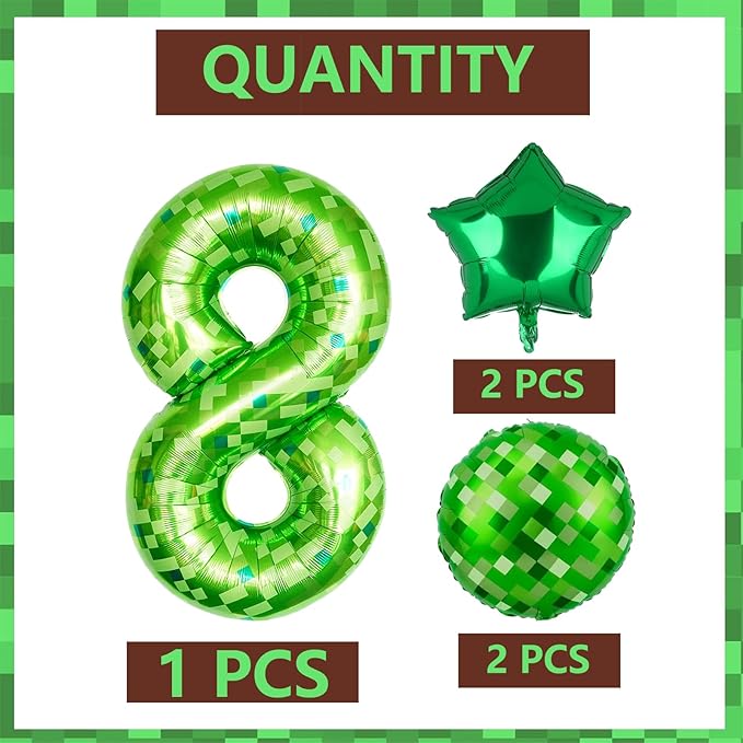 40 Inch Green Pixel Miner Number 8 Foil Balloon Set 5Pcs Large Mylar Mining Theme 8th Number Balloons Pixel Cubes Video Game Birthday Party Decorations