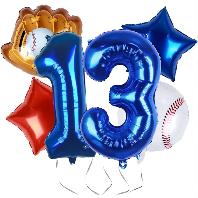 Baseball Balloons 13th Birthday Decorations for Boy, Baseball Birthday Decoration Threenager Sports Theme Party Supplies, 32Inch Foil Mylar 13 Balloon Navy Blue Red White Sports Balloon Arch Kits