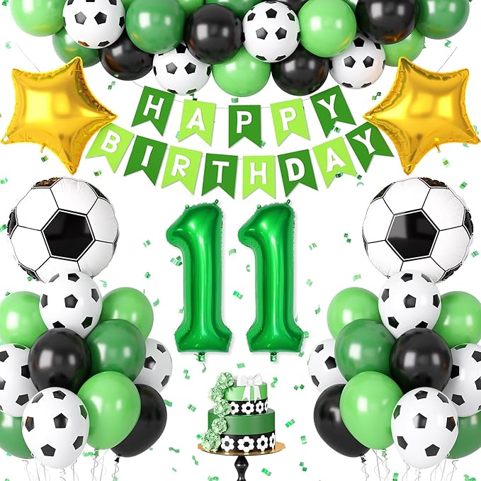 Soccer Birthday Party Decorations for Boys, 11th Soccer Birthday Decoration with Green Black White Balloons 'HAPPY BIRTHDAY' Banner Cake Toppers 32in Foil 11 Balloon for Boys Men Sports Party Decor