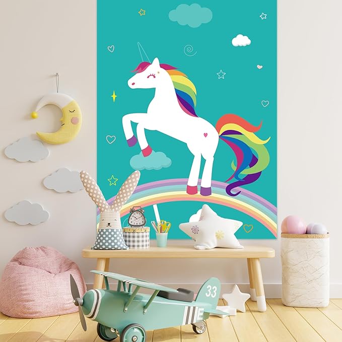 PLULON Pin The Horn On The Unicorn for Kids Birthday Party Game, Unicorn Party Supplies Favors Girls Birthday Decorations Poster Home Family Wall Decorations for Girl Boy Classroom Activities
