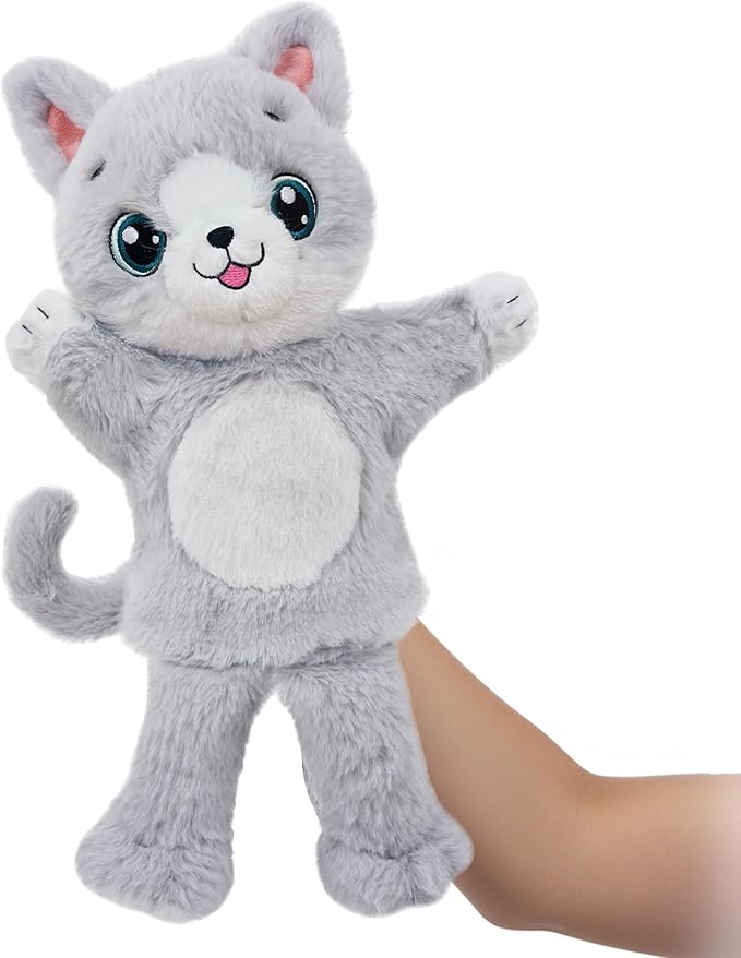 June Garden Plush Gray Cat Hand Puppet – Soft Storytelling Toy with Big Embroidered Eyes – Pretend Play Gift for Toddlers and Kids