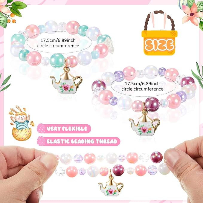 Ecally 12 Pcs Tea Party Favors Bracelet Bulk Tea Pot Beaded Bracelet Party Supplies Pendant Accessories Valentine's Day Decorations for Kids Girl