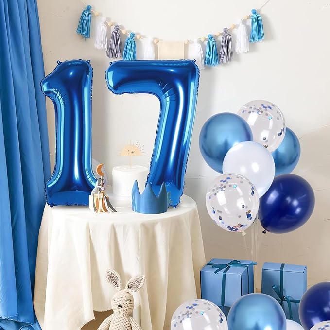 Giant Number Foil Balloon 17, Dark Blue Self Inflating 17th Birthday Balloon for Men, 40'' 17 Balloon Light Navy Blue with Metallic Silver Confetti Balloon for Anniversary Party Decorations Supplies