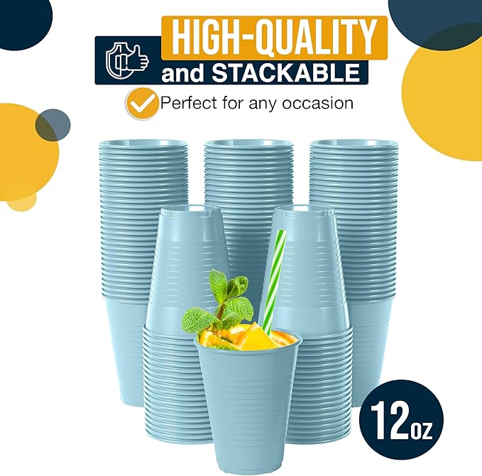 Party Solids 12 Oz Light Blue Plastic Cups For Party Supplies 50 Pack | Light Blue Disposable Cups Plastic | Disposable Drinkware For Parties, Events & Everyday