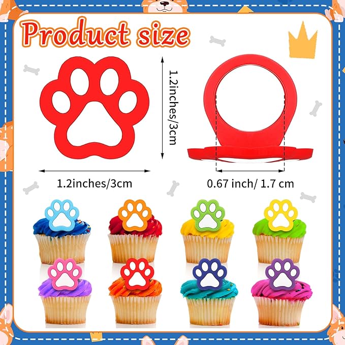 48 Pcs Paw Dog Cupcake Rings Toppers Decorations Orange Blue Red Yellow Paw Dog Theme Birthday Cupcake Rings Decorations for Puppy Baby Shower Party Supplies(White, Black)