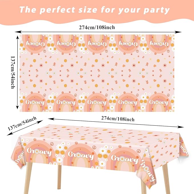 3 Groovy Hippie Boho Birthday Tablecloths for 60's Themed Decorations - Plastic Disposable Daisy Flower Party Table Covers for One Two Baby Shower & Birthday Party Supplies Favors