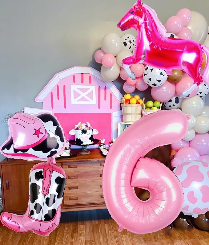 Western Cowgirl Balloons Pink 6th Birthday Party Decorations, Retro Horse Cowgirl Hat Boot Balloons Girls Western Theme Rodeo Birthday Party Decorations Supplies Decor (32 Inch Pink 6 balloon)