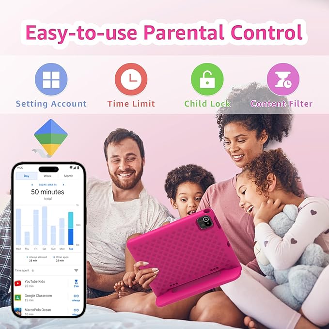 ApoloSign Kids Tablet, 10 Inch Tablet for Kids with Android 13, WiFi, BT5.0, Dual Camera, Pre-Installed Educational App, Parental Control, Shockproof Case for Boys Girls (Pink)