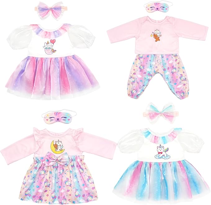 4 Sets Doll Clothes and Accessories for 20-22 Inch Dolls, 9 Pcs Clothes Dresses Outfits Including Dress, Headbands, Blindfold, Top and Pants