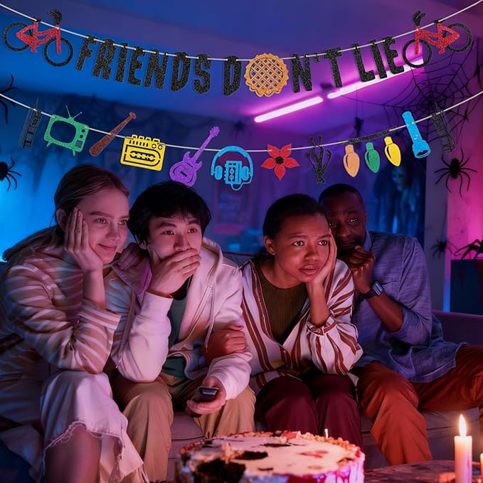 Glitter Friends Don't Lie Banner for Birthday Party Decorations Upside Down Friendship Banner Stranger Party Decorations for Boys Girls 80s Retro Party Supplies Birthday Backdrop Wall Decors Photo Props