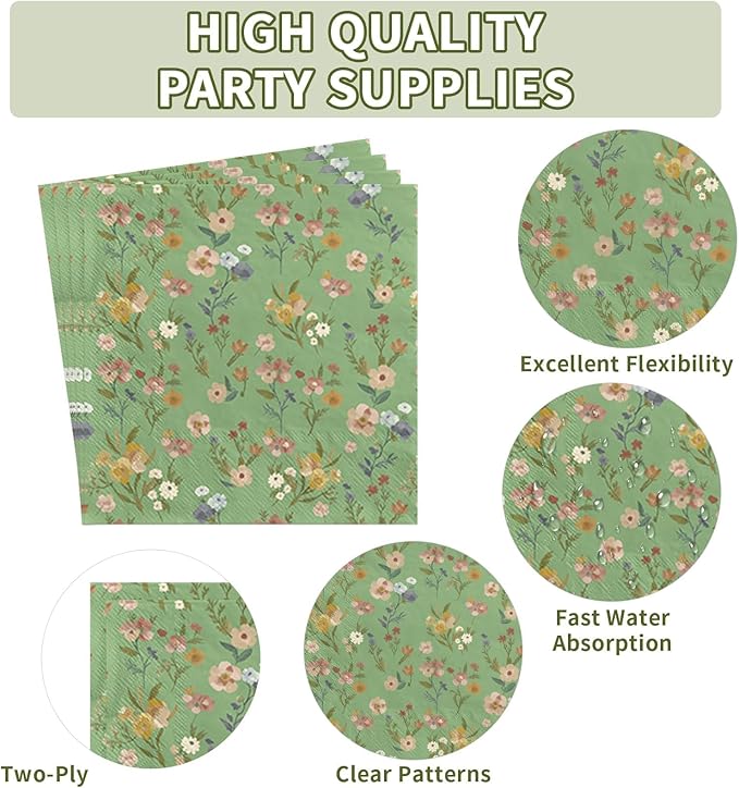 200 Pcs WildFlower Plates and Napkins Green Vintage WildFloral Party Supplies Greenery Disposable Flower Theme Tableware Set for Spring Wedding Birthday Tea Party Decorations Serves 50