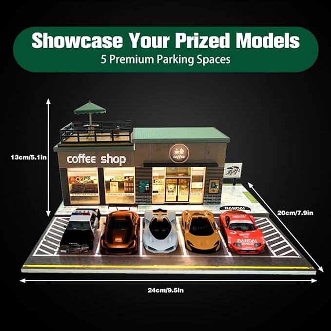 1/64 Model Car Display Shop Case for Adults, Premium in-House-Design Scale Diecast Parking Garage for Toy Cars, Toys Car Garage, Scenic Diorama Display Car Park with ith LED Lamps, Gifts for Men