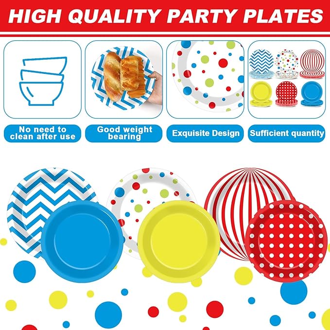 96Pcs Carnival Party Supplies Circus Theme Plates Napkins Tableware Set Red Blue Carnival Party Decorations Dinnerware for Kids Birthday Baby Shower Circus Favors Serves 24 Guests