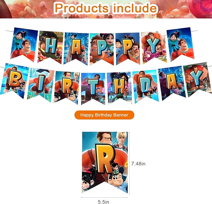 Wreck It Party Decorations,Ralph Birthday Party Supplies Includes Banner - Cake Topper - 12 Cupcake Toppers - 18 Balloons