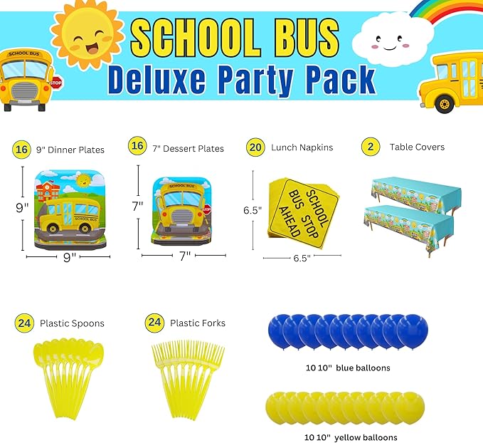 School Bus Deluxe Party Supplies Pack (122 Pieces for 16 Guests) - School Bus Party Supplies, School Bus Birthday Plates and Napkins, School Graduation Decorations, Transportation Party, Blue Orchards