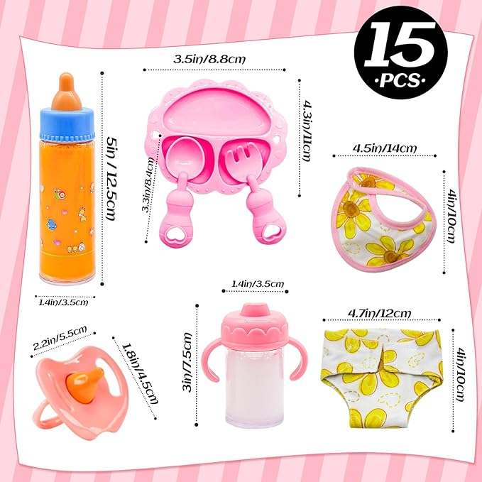 15 PCS Baby Doll Accessories Magic Bottle Set,Pretend Play Feeding Toys,Doll Feeding Set with Package for Kids,Girls,Party,Gift