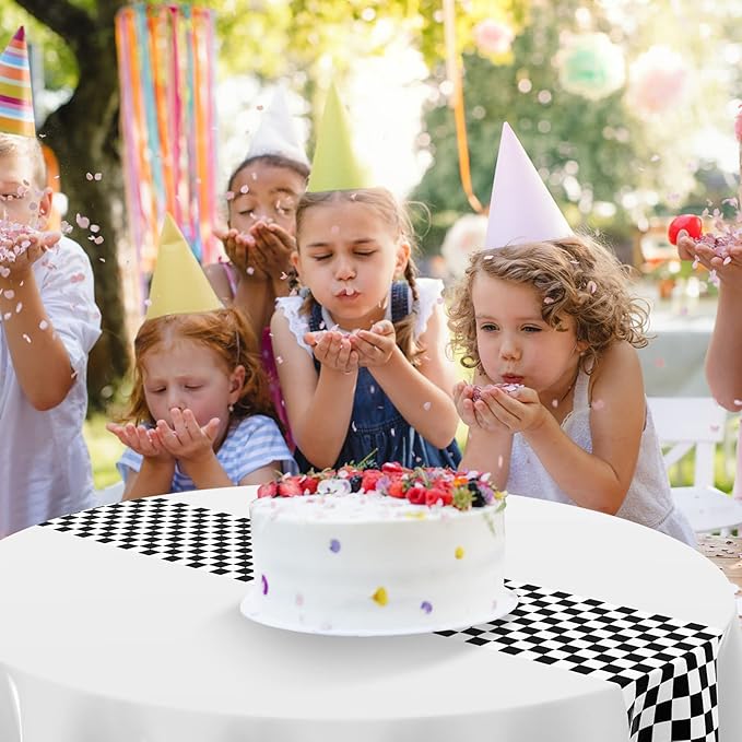 Oudain 3 Pcs Cars Birthday Party Supplies Racing Party Decorations Round Racing Tablecloth Checkered Flag Table Covers Road Plastic Table Cloth, 1950s Disco Dancing Party Tablecloth (White)