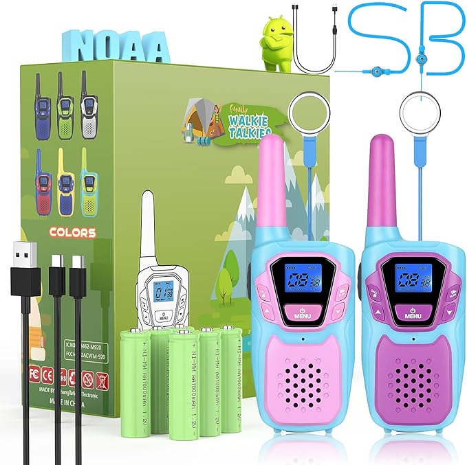 Walkie Talkies for Kids Girls Boys Toddler Long Range Walkie-Talkie Rechargeable 2 Pack for Adults Seniors Camping Skiing Cruise, Family Pink 2 Way Radio Toys with Lanyard NOAA USB VOX