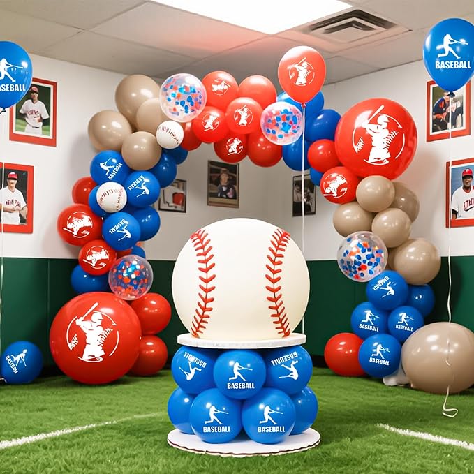 Baseball Balloons, 16Pcs 12Inch Red Blue Brown Confetti Baseball Party Balloons for Boys Kids Boy Baseball Birthday Sport Party Decorations Sports Themed Baby Shower Graduation Party Supplies