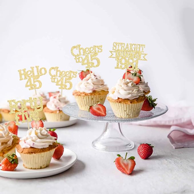 Ephlyn 24Pcs 45th Birthday Cupcake Toppers Glitter Straight Outta 1981 Cupcake Picks Hello 45 Cheers to 45 Years Cake Decorations for 45th Birthday Anniversary Party Decorations Supplies Gold