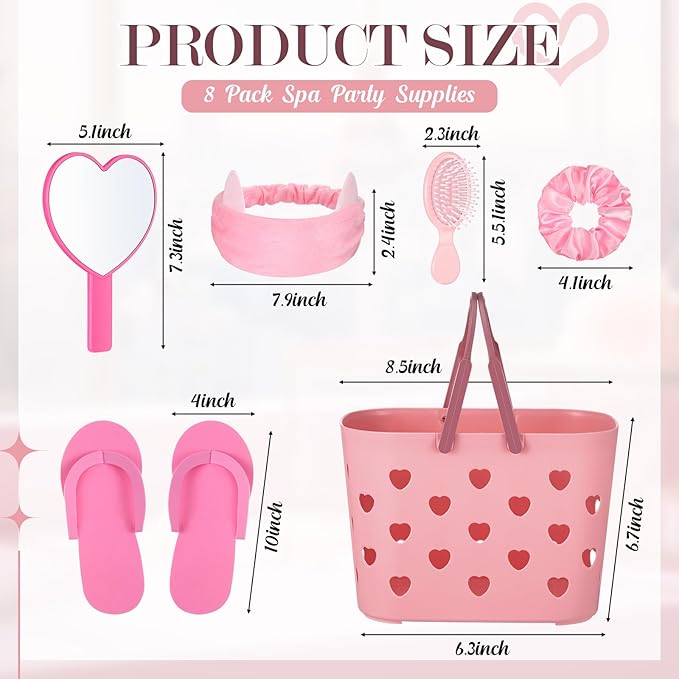 Pickmesh 8 Sets Spa Party Supplies Sleepover party with Pink Basket Heart Mirror Headband Satin Hair Scrunchies Hair Brush Loofah Disposable Slipper for Birthday Gift