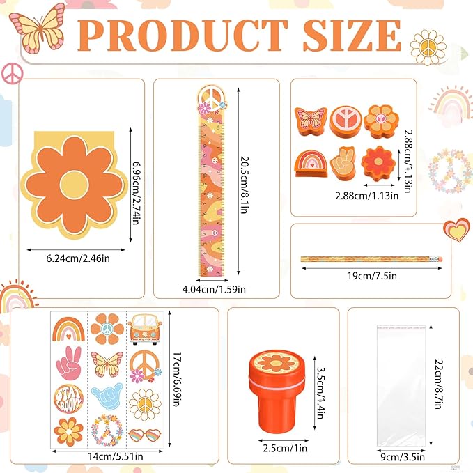 PerKoop 168 Pcs Groovy Party Favors Birthday Decorations Retro Boho Hippie Themed Two Groovy Mini Notebook Pencil Sticker Stamp Gift Goodie Bag for 60s 70s Peace Rainbow Daisy Prizes Piñata Fillers