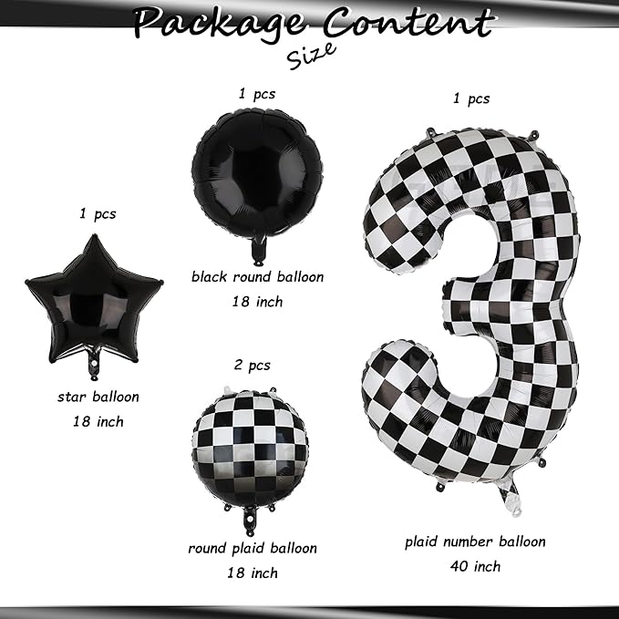 40 Inch Checkered Number Balloon 3 Black and White Race Car Birthday Balloons Baby Hippie Smile Party Shower Boys 3rd Birthday Race Car Theme Party Decor Supplies 5 Pcs