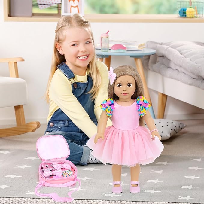 American 18 Inch Doll Clothes and Accessories Makeup Playset Including Fashion Skirt, Bag, Eye Shadow Plate, Lipstick, Comb Mirror, Pair of Hairpins, Makeup Brushes, Bracelet（NO Dolls）