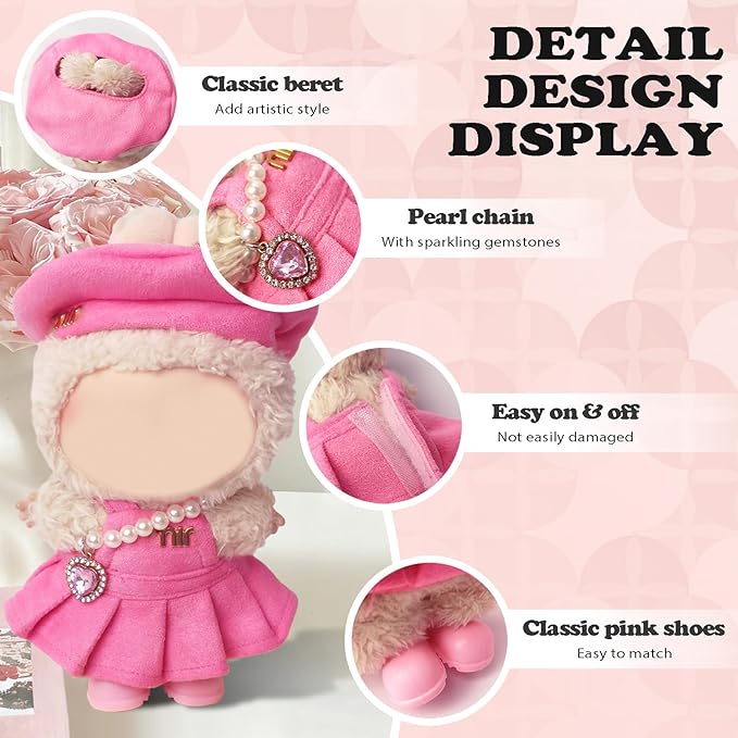 Clothes Compatible with LABUBU – Blue & White Tweed Dress with Bow, Bracelet & Shoes | 4PCS Couture-Inspired Outfit for 8-Inch Dolls (Rosy Macaron)