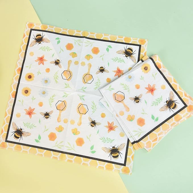 WERNNSAI Bee Plates and Napkins - 48 PCS Happy Bee Day Party Supplies for Kids HoneyBee Party Tableware Set Dinner Dessert Cake Plates Lunch Napkins Serves 16 Guests