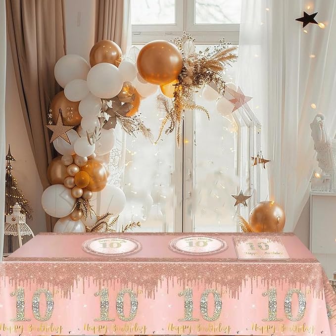 41 Pcs 10th Birthday Decorations for Girl,Rose Gold Happy 10 Years Old Ten Birthday Party Tableware Set 10th Birthday Party Plates and Napkins,Tablecloth for Kids Girls Teenager Favors