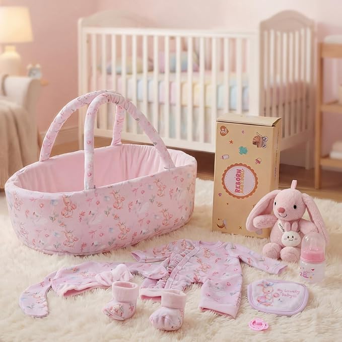 BABESIDE 8 Pcs Baby Doll Clothes Set with Bassinet for 12-15 Inch Dolls, Cute Bunny Baby Doll Clothes and Accessories with Bunny Toy, Feeding Bottle – Babydoll Accessories for Gilrs