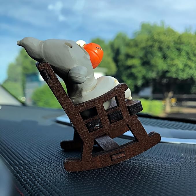 Funny White Pumpkin Ghost on Rocking Chair Statues Figures Ornaments for Car Dashboard Decorations Accessories Interior Dash Board Charms Birthday Cake Toppers Decoration Desk Decor