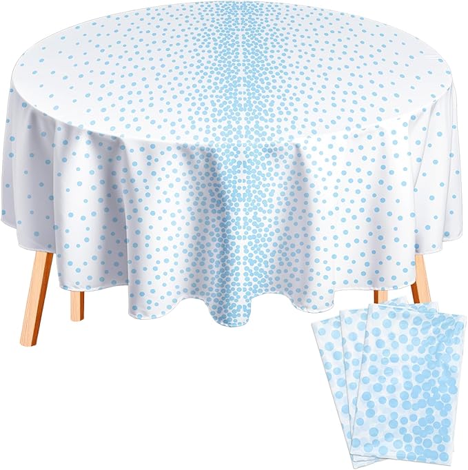 VitalCozy Round Dot Tablecloth 84 Inch Plastic Table Cover Polka Dot Confetti Tablecloths for Easter 2026 Graduation Prom Wedding Birthday Spring Party Supplies(White and Light Blue,3 Pcs)