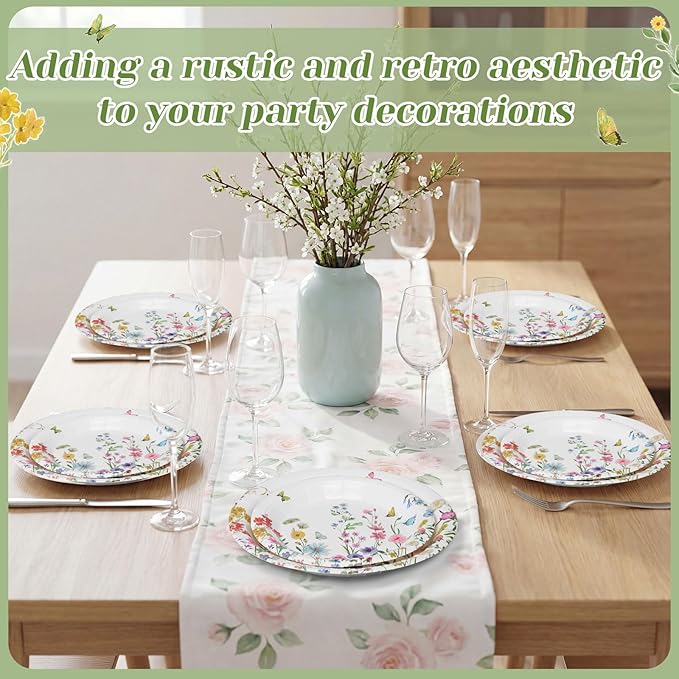 60 Pcs Wildflower Paper Plates 9 in and 7 in Spring Floral Disposable Party Plates Wildflower Butterfly Dessert Tableware for Wedding Baby Shower Birthday Tea Party Table Decor Supplies