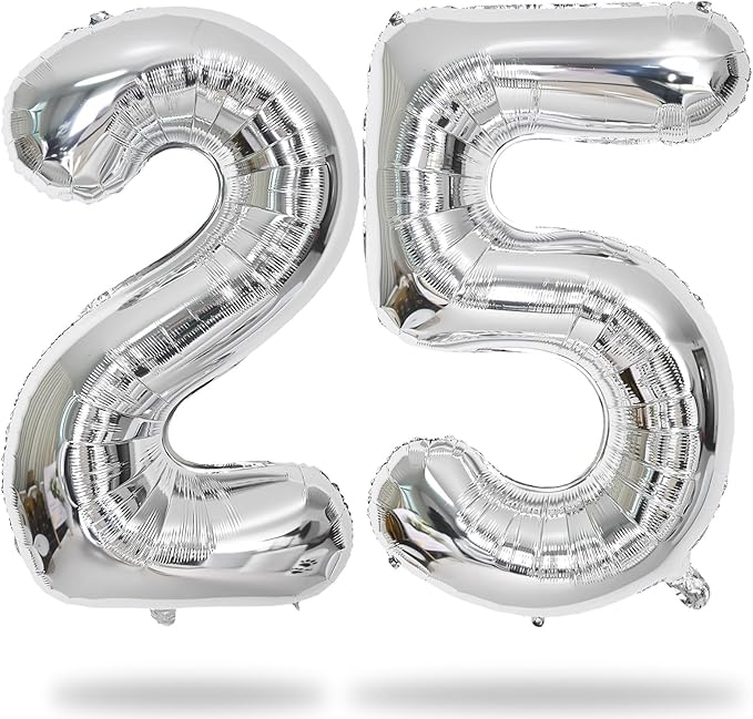 40 Inch 25th Birthday Balloons for Men, Mylar Self Inflating Silver 25 Balloon Number, Big Foil 2 & 5 Helium Balloons for Women 25 Year Old Birthday Party Decorations Women Anniversary Decor Supplies