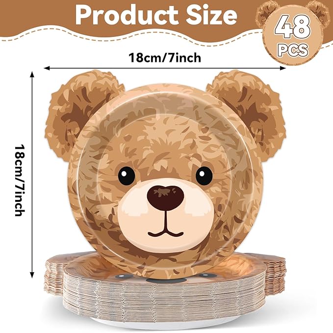 48PCS Bear Shaped Paper Plates Brown Bear Party Supplies We Can Bearly Wait Baby Shower Tableware Brown Theme Dessert Plates for Boys Girls Birthday Baby Shower Gender Reveal Party Decoration