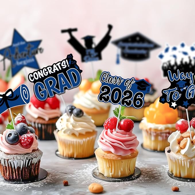 2026 Graduation Cupcake Toppers - 48 Pcs Blue Graduation Party Supplies Mini Cake Food/Appetizer Picks For Class of 2026 Graduation Decorations