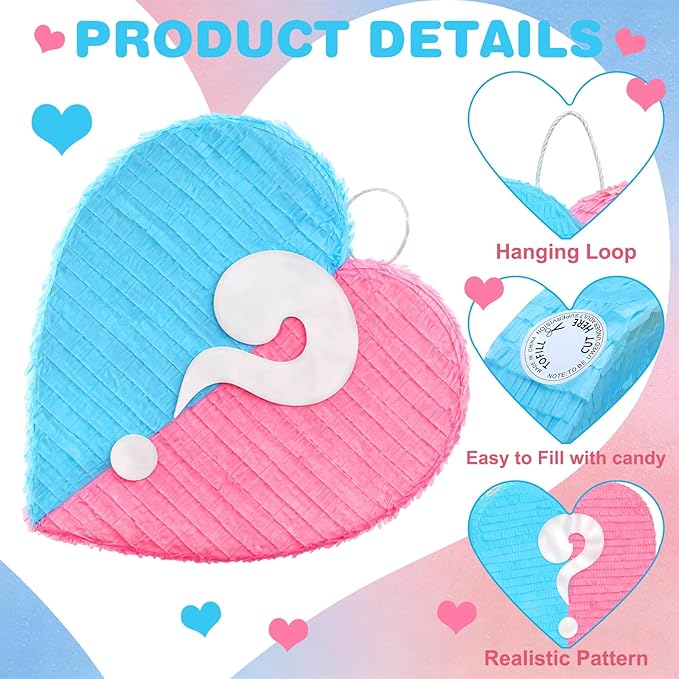 17 Inches Gender Reveal Piñata Pink Blue Large Valentine's Sweetheart Heart-shaped Piñata with Stick Blindfold Baby Shower Gender Reveal Valentine's Day Party Decor Romantic Events
