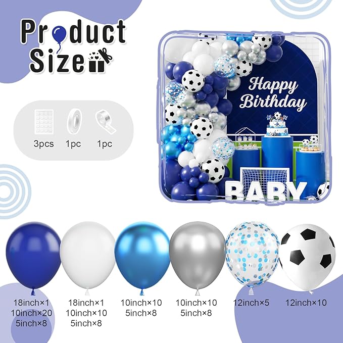 Soccer Party Decorations, Soccer Balloon Arch Kit, Metallic Blue White Silver Navy Blue Balloons Garland with Soccer Print Balloons for Kids Boys Football Sports Theme Baby Shower Party Supplies