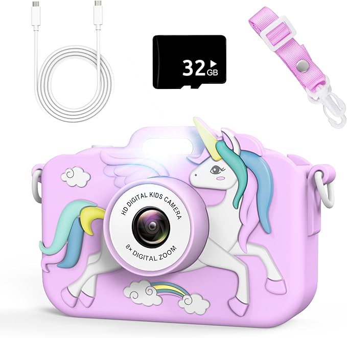 Kids Camera Toys for 3-8 Year Old Girls Boys, Children Digital Video Camcorder Camera with Cartoon Soft Cover, Chritmas Birthday Festival Gift for Kids - 32G SD Card and Card Reader (Purple)