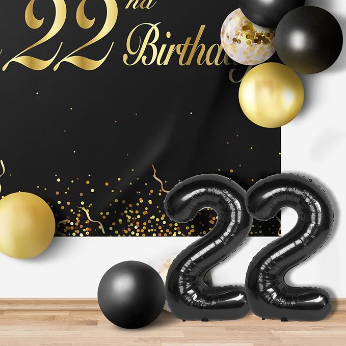 Happy 22nd Birthday Balloons Black Set Decor - Cheers to 22 Years Old Party Theme Garland Banner Backdrop Decorations For Women and Men Supplies